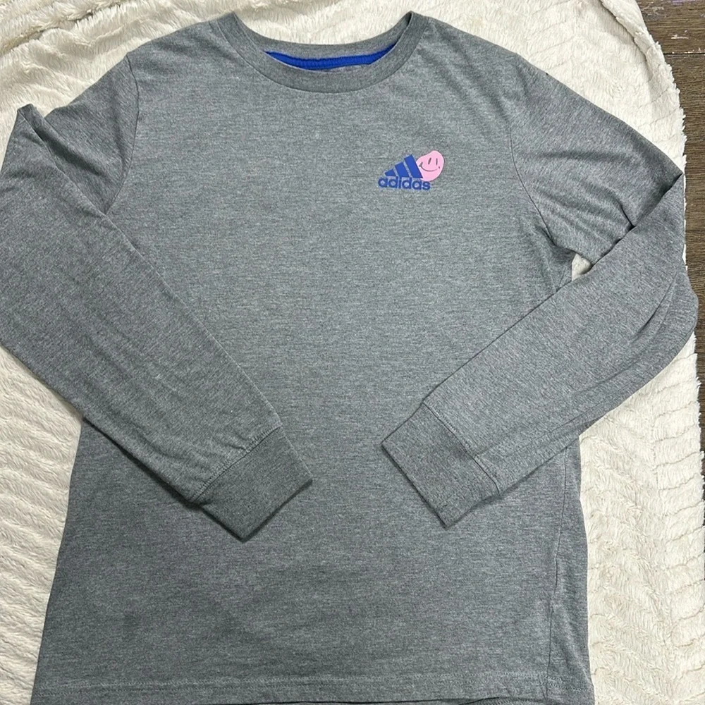 Adidas Boys Long Sleeve Gray Cotton Blend Graphic Tee - Size Large
